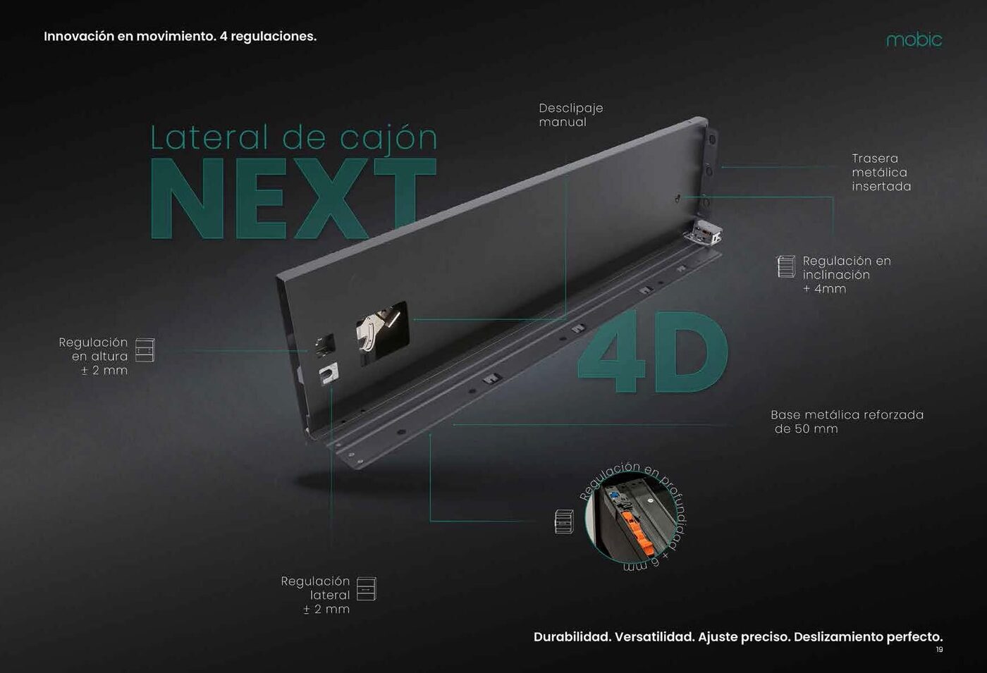 Lateral Next 4D con las cuatro regulaciones señaladas